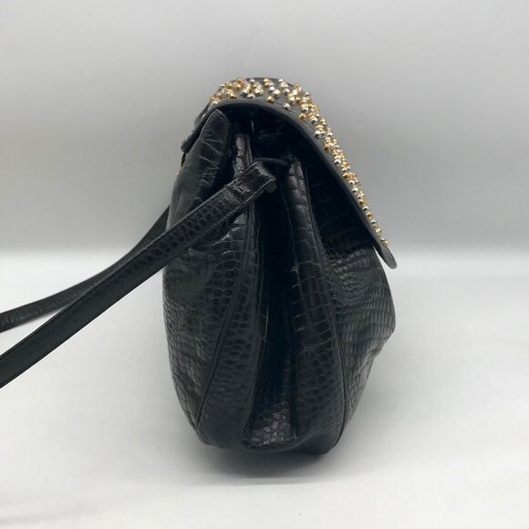 Sharif Vintage Black Croc Embossed Leather Studded Crossbody - Picture 3 of 12